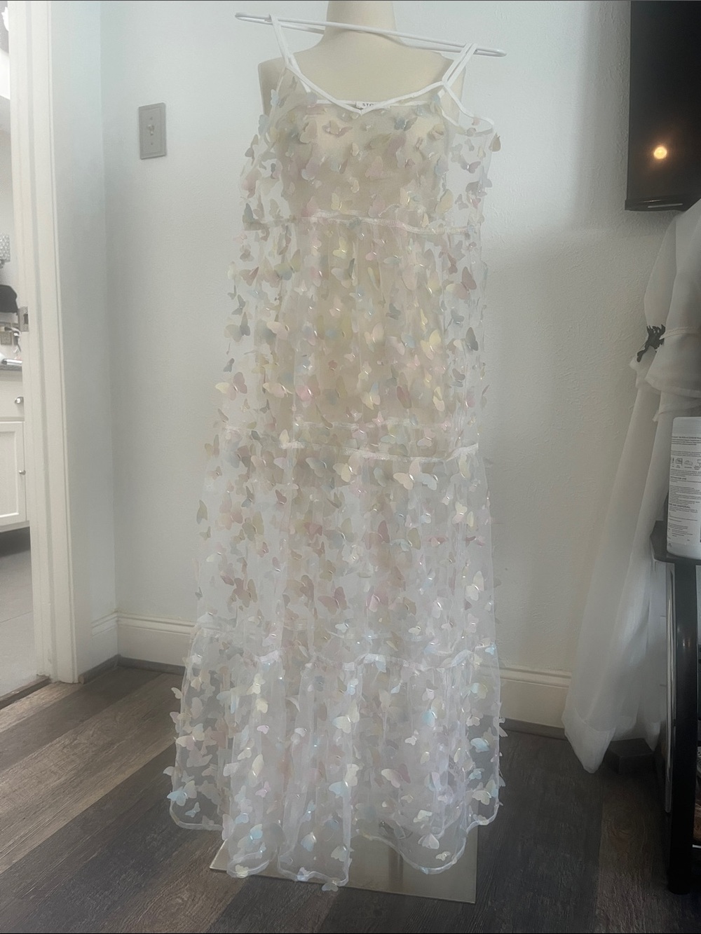 Storia White Iridescent Butterfly Overlay Maxi Dress